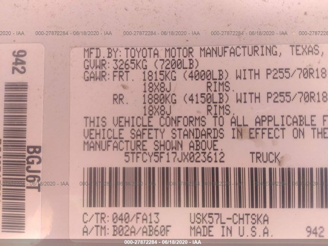 Photo 8 VIN: 5TFCY5F17JX023612 - TOYOTA TUNDRA 4WD 