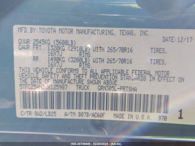 Photo 8 VIN: 5TFCZ5AN2JX125987 - TOYOTA TACOMA 