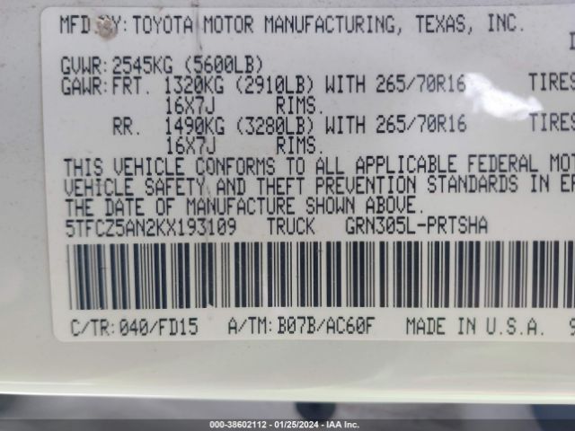 Photo 8 VIN: 5TFCZ5AN2KX193109 - TOYOTA TACOMA 