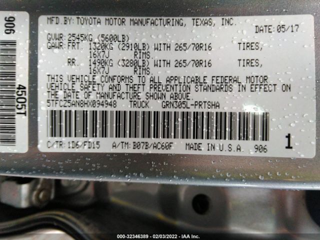 Photo 8 VIN: 5TFCZ5AN8HX094948 - TOYOTA TACOMA 