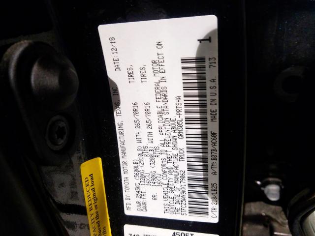 Photo 9 VIN: 5TFCZ5AN9KX179062 - TOYOTA TACOMA DOU 