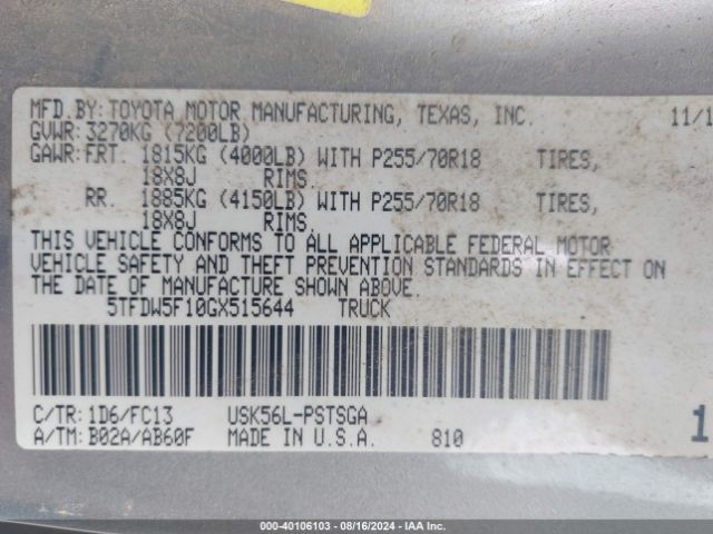 Photo 8 VIN: 5TFDW5F10GX515644 - TOYOTA TUNDRA 