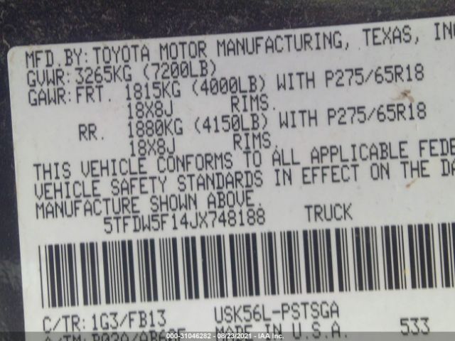 Photo 8 VIN: 5TFDW5F14JX748188 - TOYOTA TUNDRA 4WD 