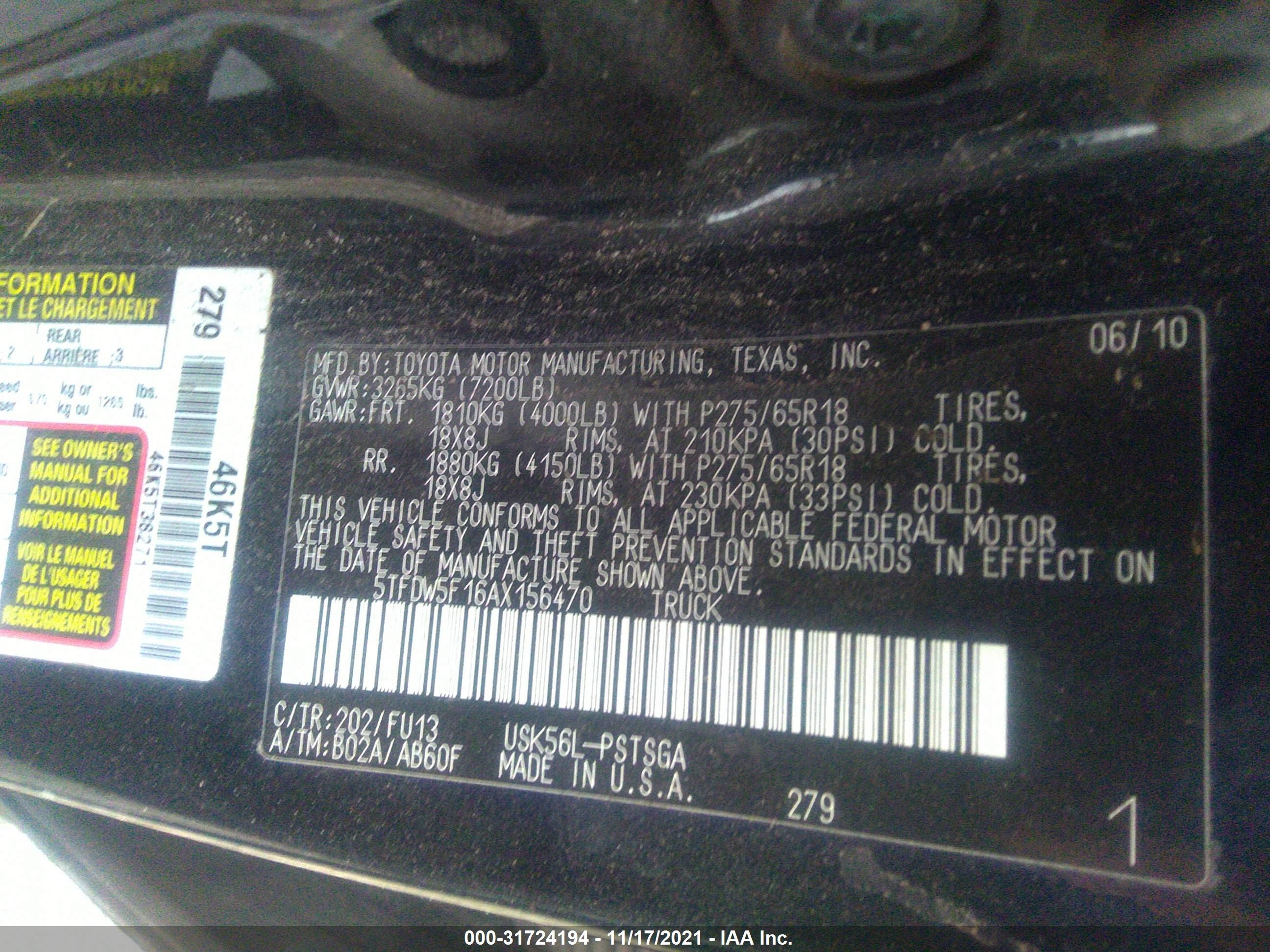 Photo 8 VIN: 5TFDW5F16AX156470 - TOYOTA TUNDRA 