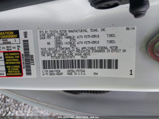 Photo 8 VIN: 5TFDW5F18EX397873 - TOYOTA TUNDRA 