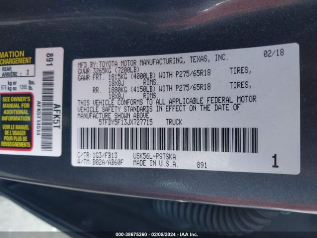 Photo 8 VIN: 5TFDY5F13JX727715 - TOYOTA TUNDRA 