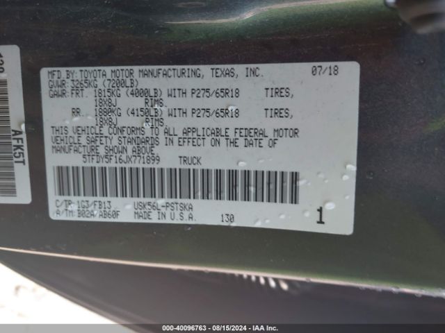 Photo 8 VIN: 5TFDY5F16JX771899 - TOYOTA TUNDRA 