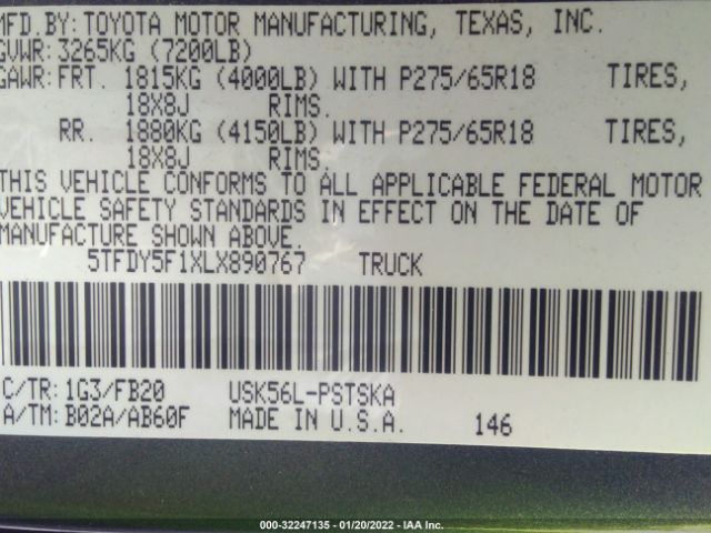 Photo 8 VIN: 5TFDY5F1XLX890767 - TOYOTA TUNDRA 4WD 