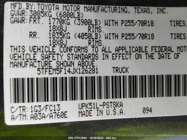 Photo 8 VIN: 5TFEM5F14JX126281 - TOYOTA TUNDRA 