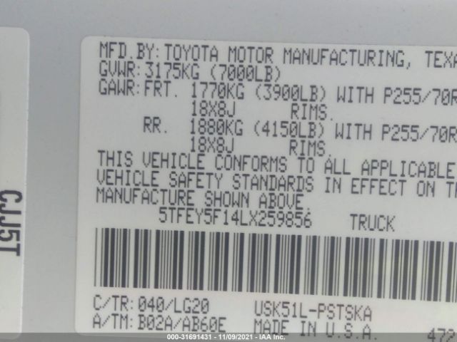 Photo 8 VIN: 5TFEY5F14LX259856 - TOYOTA TUNDRA 2WD 