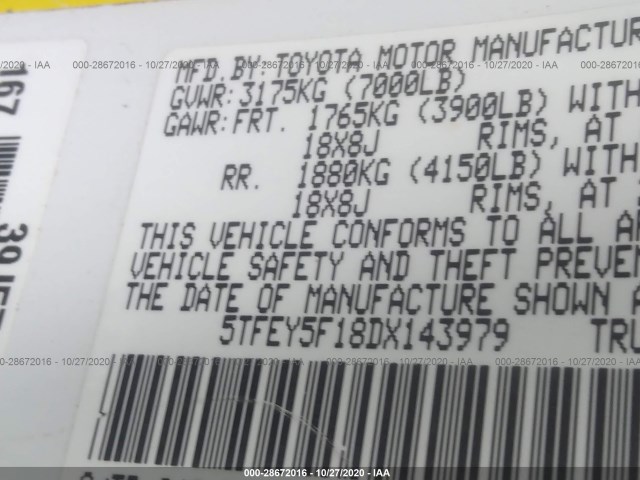 Photo 8 VIN: 5TFEY5F18DX143979 - TOYOTA TUNDRA 2WD TRUCK 