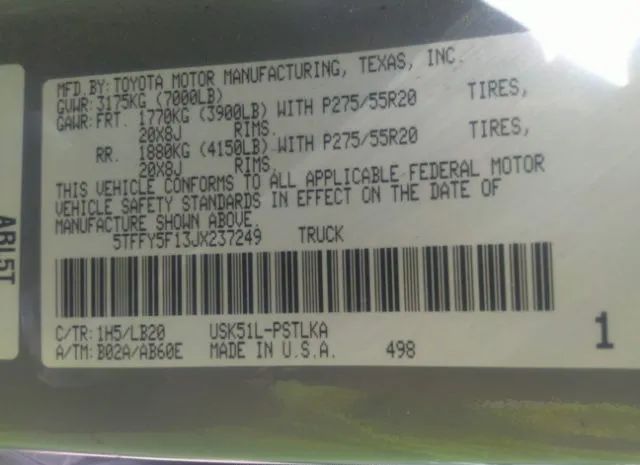 Photo 8 VIN: 5TFFY5F13JX237249 - TOYOTA TUNDRA 2WD 