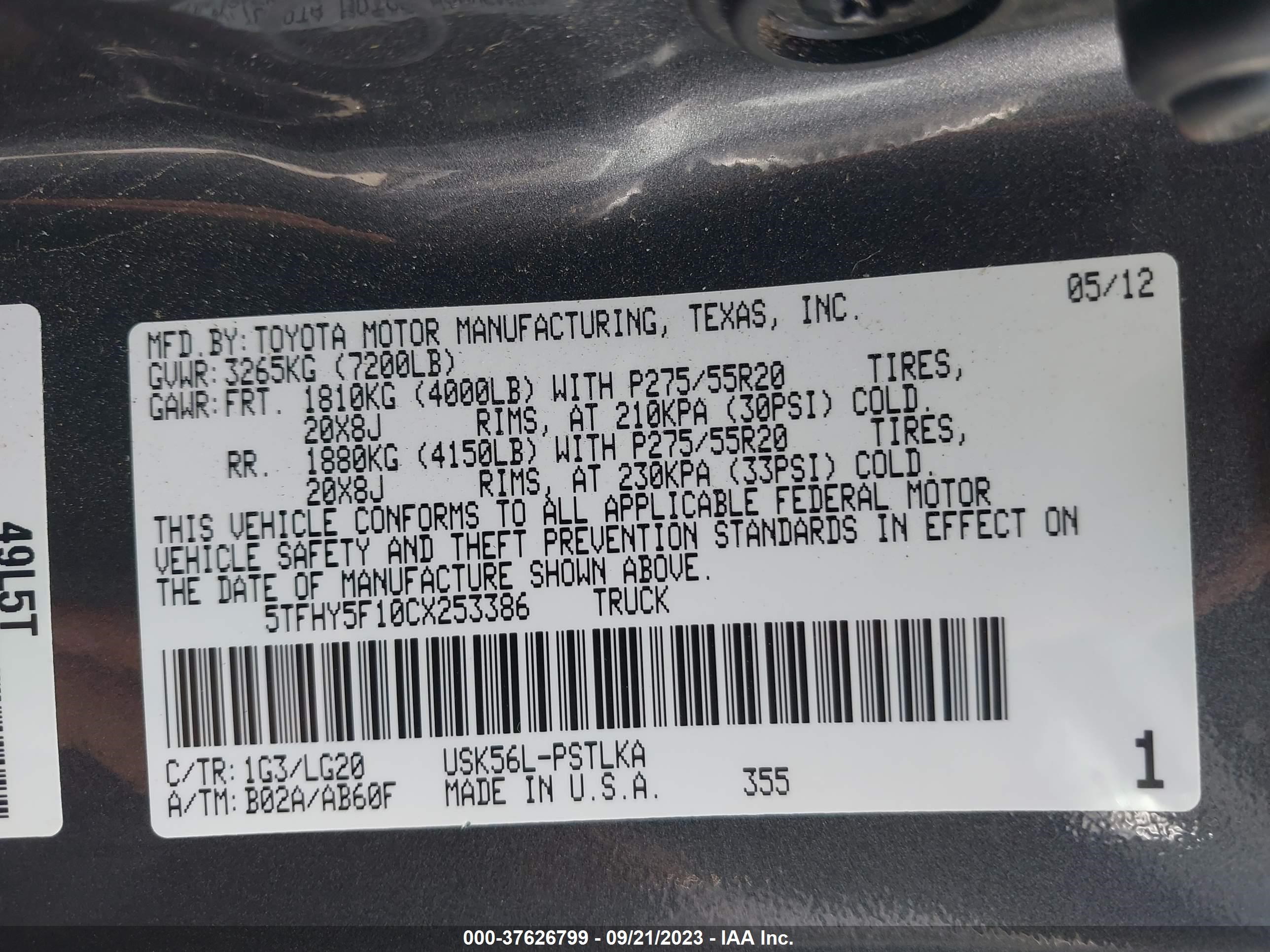 Photo 8 VIN: 5TFHY5F10CX253386 - TOYOTA TUNDRA 