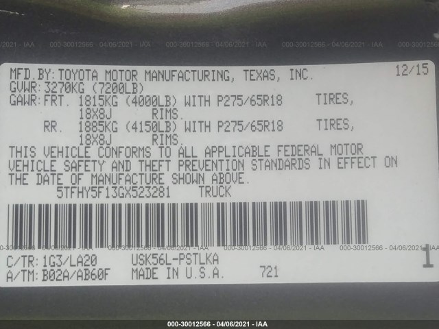 Photo 8 VIN: 5TFHY5F13GX523281 - TOYOTA TUNDRA 4WD TRUCK 