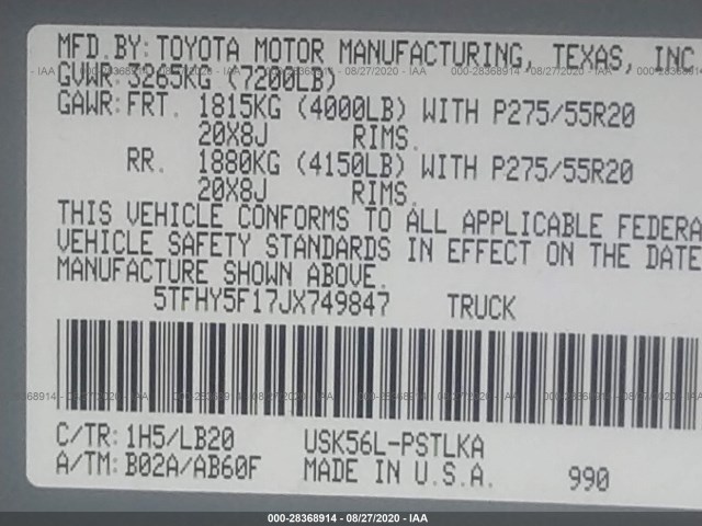 Photo 8 VIN: 5TFHY5F17JX749847 - TOYOTA TUNDRA 4WD 