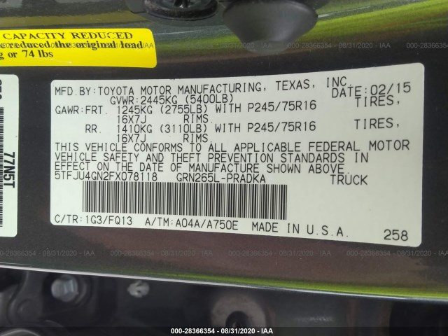 Photo 8 VIN: 5TFJU4GN2FX078118 - TOYOTA TACOMA 