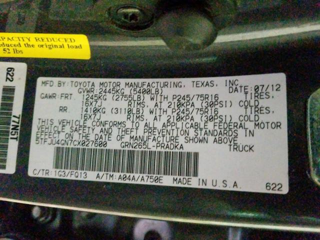 Photo 9 VIN: 5TFJU4GN7CX027600 - TOYOTA TACOMA DOU 