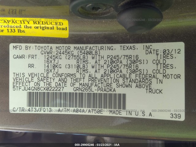 Photo 8 VIN: 5TFJU4GN8CX022227 - TOYOTA TACOMA 