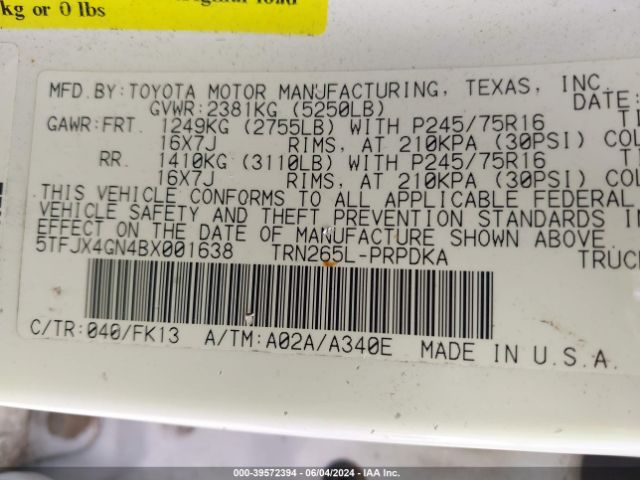 Photo 8 VIN: 5TFJX4GN4BX001638 - TOYOTA TACOMA 