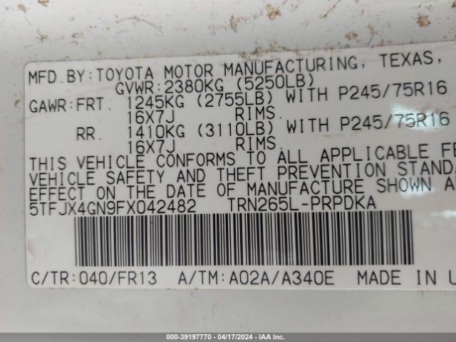 Photo 8 VIN: 5TFJX4GN9FX042482 - TOYOTA TACOMA 