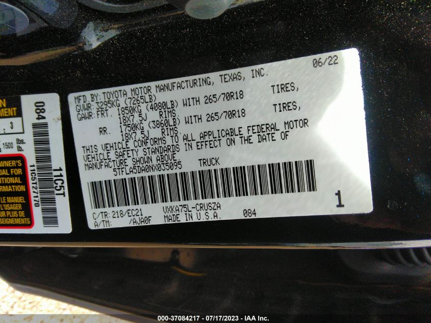 Photo 8 VIN: 5TFLA5DA0NX035095 - TOYOTA TUNDRA 