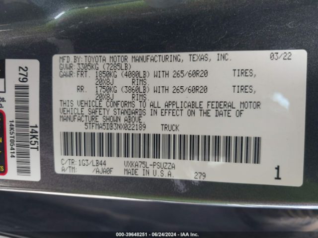 Photo 8 VIN: 5TFMA5DB3NX022189 - TOYOTA TUNDRA 