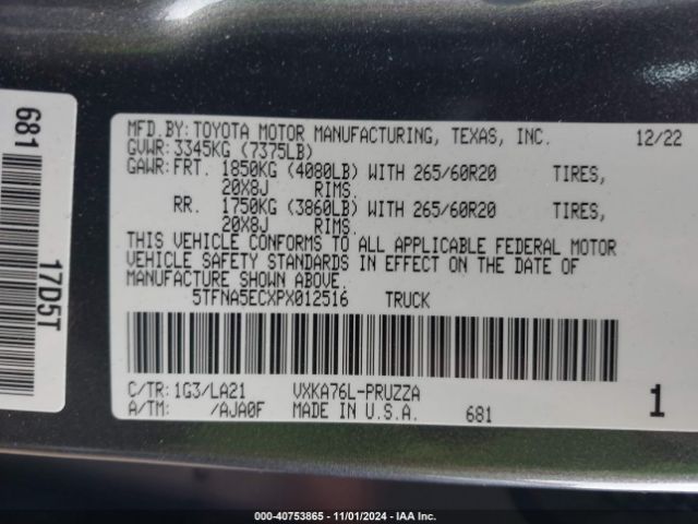 Photo 8 VIN: 5TFNA5ECXPX012516 - TOYOTA TUNDRA 