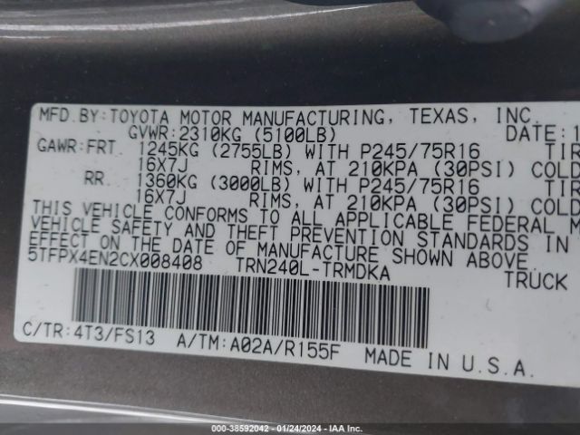 Photo 8 VIN: 5TFPX4EN2CX008408 - TOYOTA TACOMA 