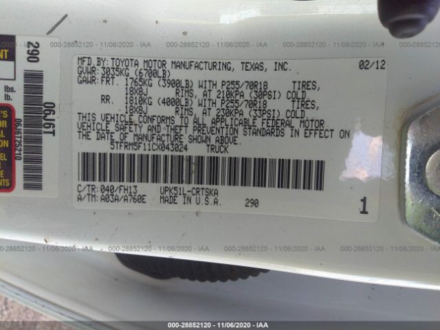 Photo 8 VIN: 5TFRM5F11CX043024 - TOYOTA TUNDRA 2WD TRUCK 