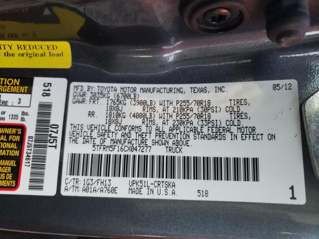 Photo 9 VIN: 5TFRM5F16CX047277 - TOYOTA TUNDRA DOU 