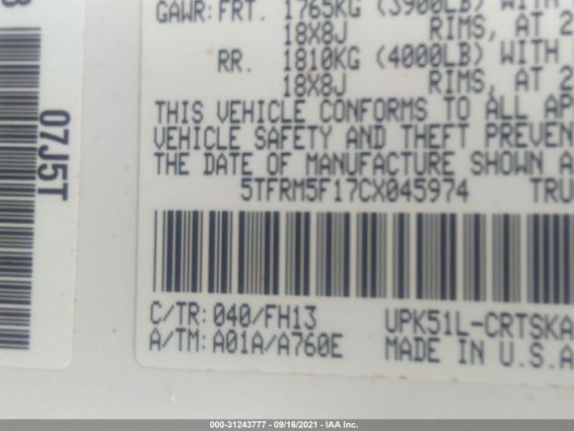 Photo 8 VIN: 5TFRM5F17CX045974 - TOYOTA TUNDRA 2WD TRUCK 