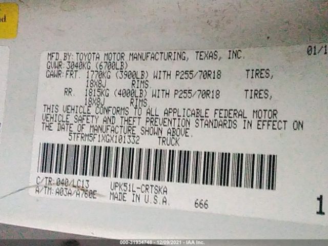 Photo 8 VIN: 5TFRM5F1XGX101332 - TOYOTA TUNDRA 2WD TRUCK 