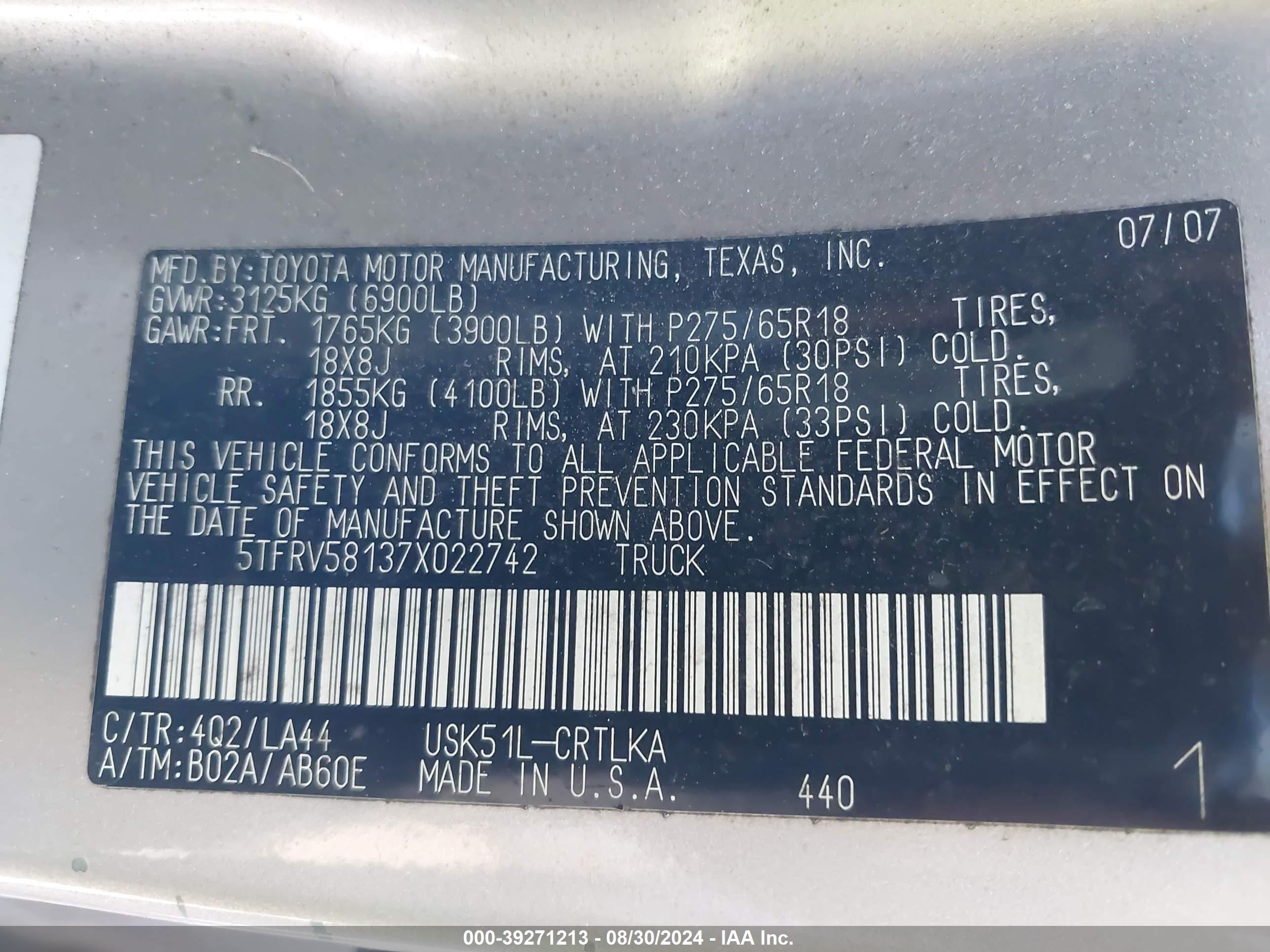 Photo 8 VIN: 5TFRV58137X022742 - TOYOTA TUNDRA 