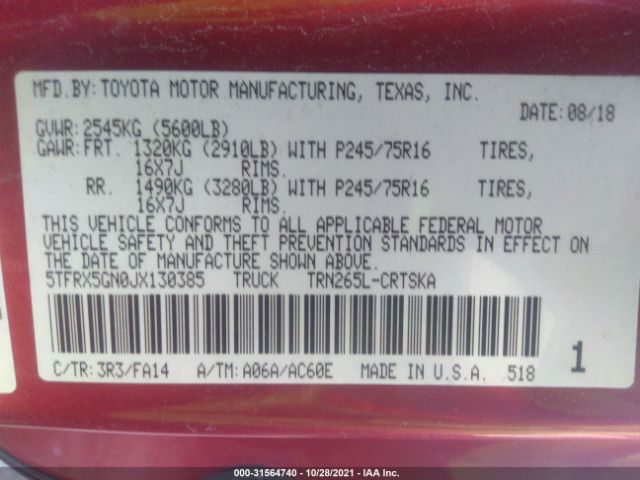 Photo 8 VIN: 5TFRX5GN0JX130385 - TOYOTA TACOMA 