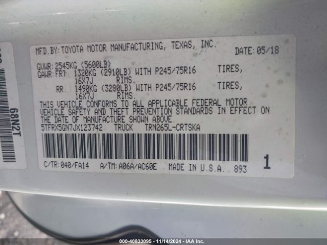 Photo 8 VIN: 5TFRX5GN7JX123742 - TOYOTA TACOMA 