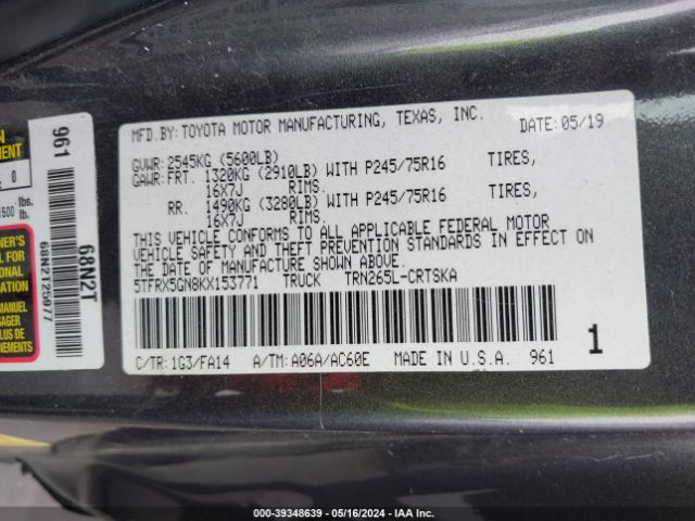 Photo 8 VIN: 5TFRX5GN8KX153771 - TOYOTA TACOMA 