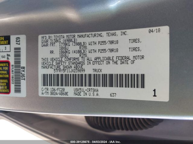 Photo 8 VIN: 5TFRY5F11JX239899 - TOYOTA TUNDRA DOU 