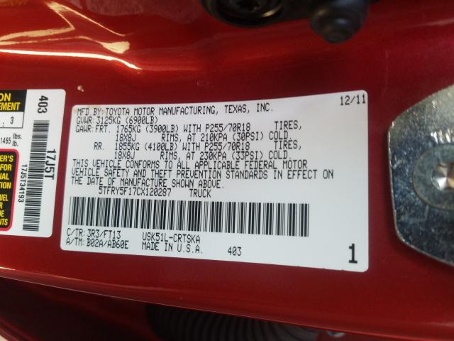 Photo 9 VIN: 5TFRY5F17CX120287 - TOYOTA TUNDRA DOU 