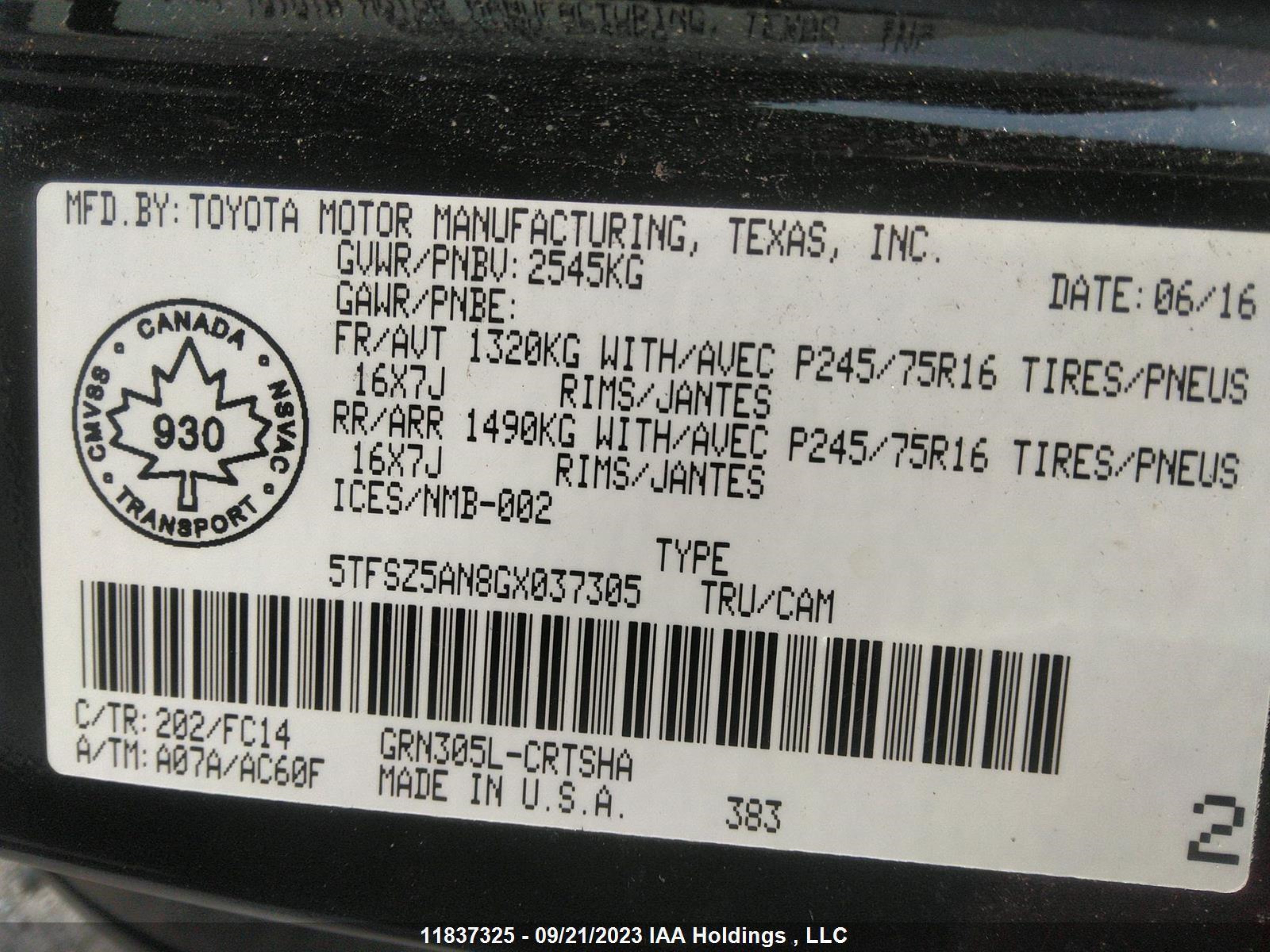 Photo 8 VIN: 5TFSZ5AN8GX037305 - TOYOTA TACOMA 