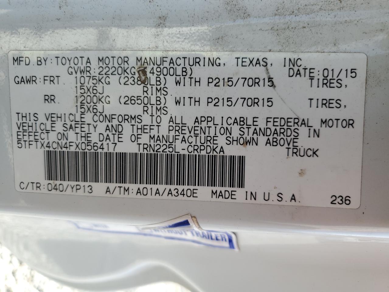 Photo 11 VIN: 5TFTX4CN4FX056417 - TOYOTA TACOMA 