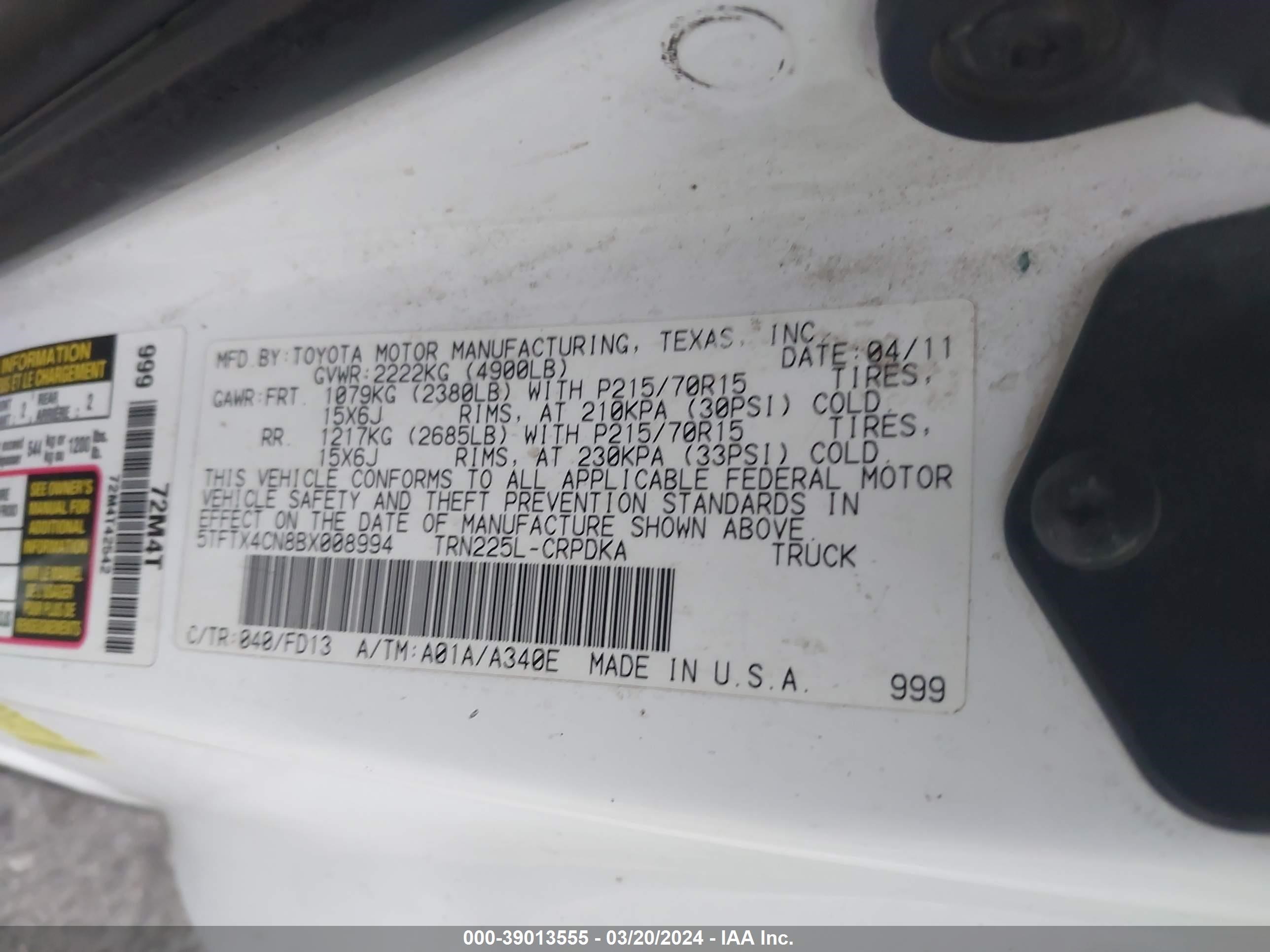 Photo 8 VIN: 5TFTX4CN8BX008994 - TOYOTA TACOMA 