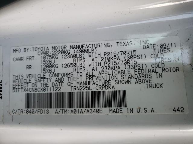 Photo 9 VIN: 5TFTX4CN8CX011122 - TOYOTA TACOMA ACC 