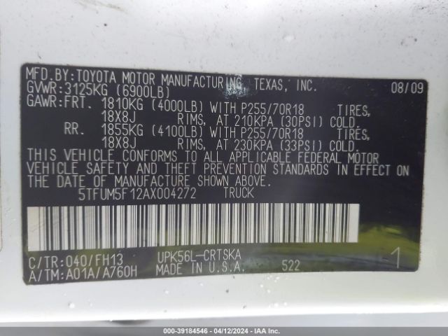 Photo 8 VIN: 5TFUM5F12AX004272 - TOYOTA TUNDRA 