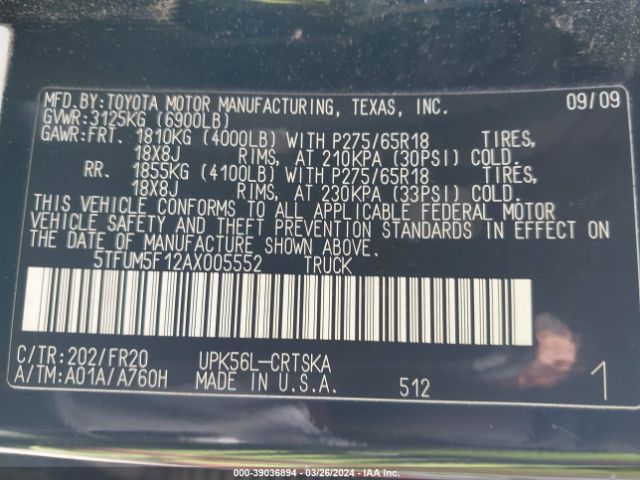 Photo 8 VIN: 5TFUM5F12AX005552 - TOYOTA TUNDRA 