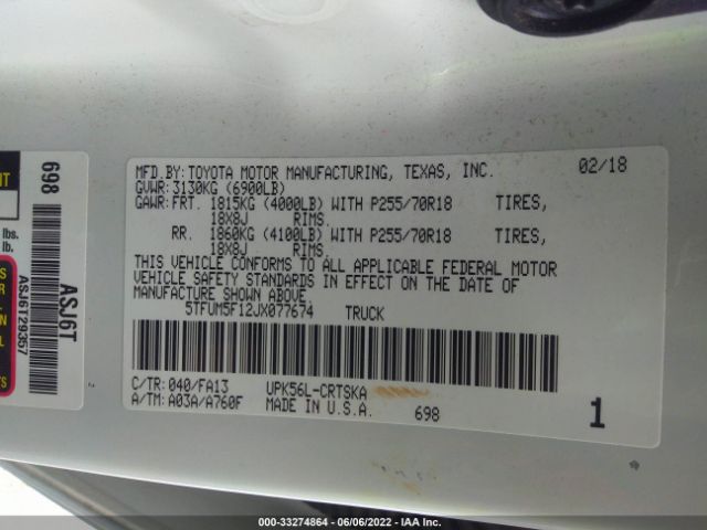 Photo 8 VIN: 5TFUM5F12JX077674 - TOYOTA TUNDRA 4WD 