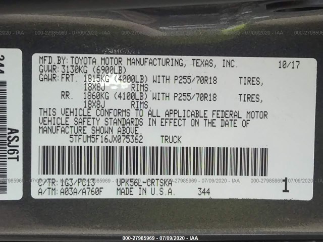 Photo 8 VIN: 5TFUM5F16JX075362 - TOYOTA TUNDRA 4WD 