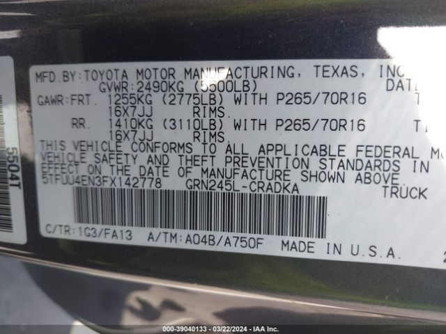 Photo 8 VIN: 5TFUU4EN3FX142778 - TOYOTA TACOMA 