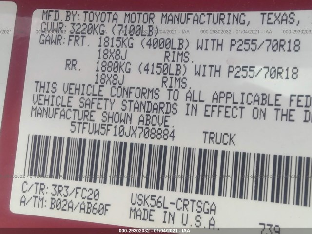 Photo 8 VIN: 5TFUW5F10JX708884 - TOYOTA TUNDRA 4WD 