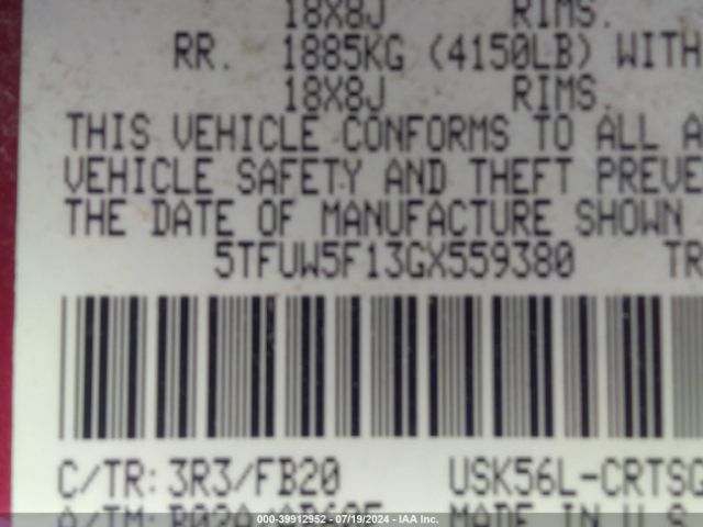 Photo 8 VIN: 5TFUW5F13GX559380 - TOYOTA TUNDRA 