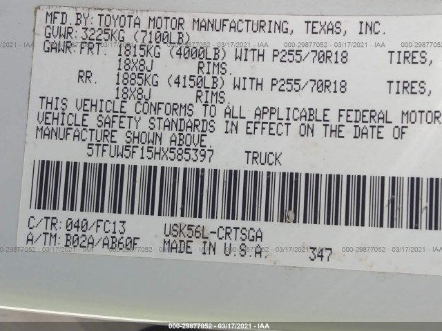 Photo 8 VIN: 5TFUW5F15HX585397 - TOYOTA TUNDRA 4WD 